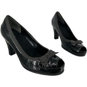 VTG 90s y2k Women's Black Leather Aerosoles Benefit Peep Toe Bow Heel Pumps 7.5M
